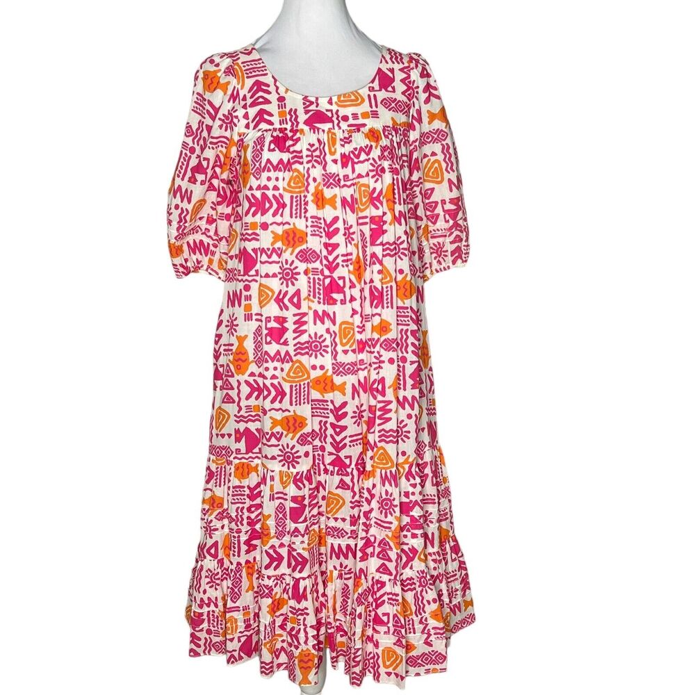 Vtg Two Potato Size Laguna Beach XS Hawaiian Tiered Midi House Dress Pockets